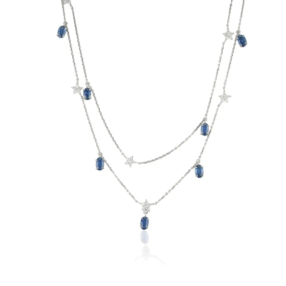 Beautiful Design Solid K14 White Gold Blue Sapphire & Diamond Double Layer Charm Necklace Wedding Jewelry