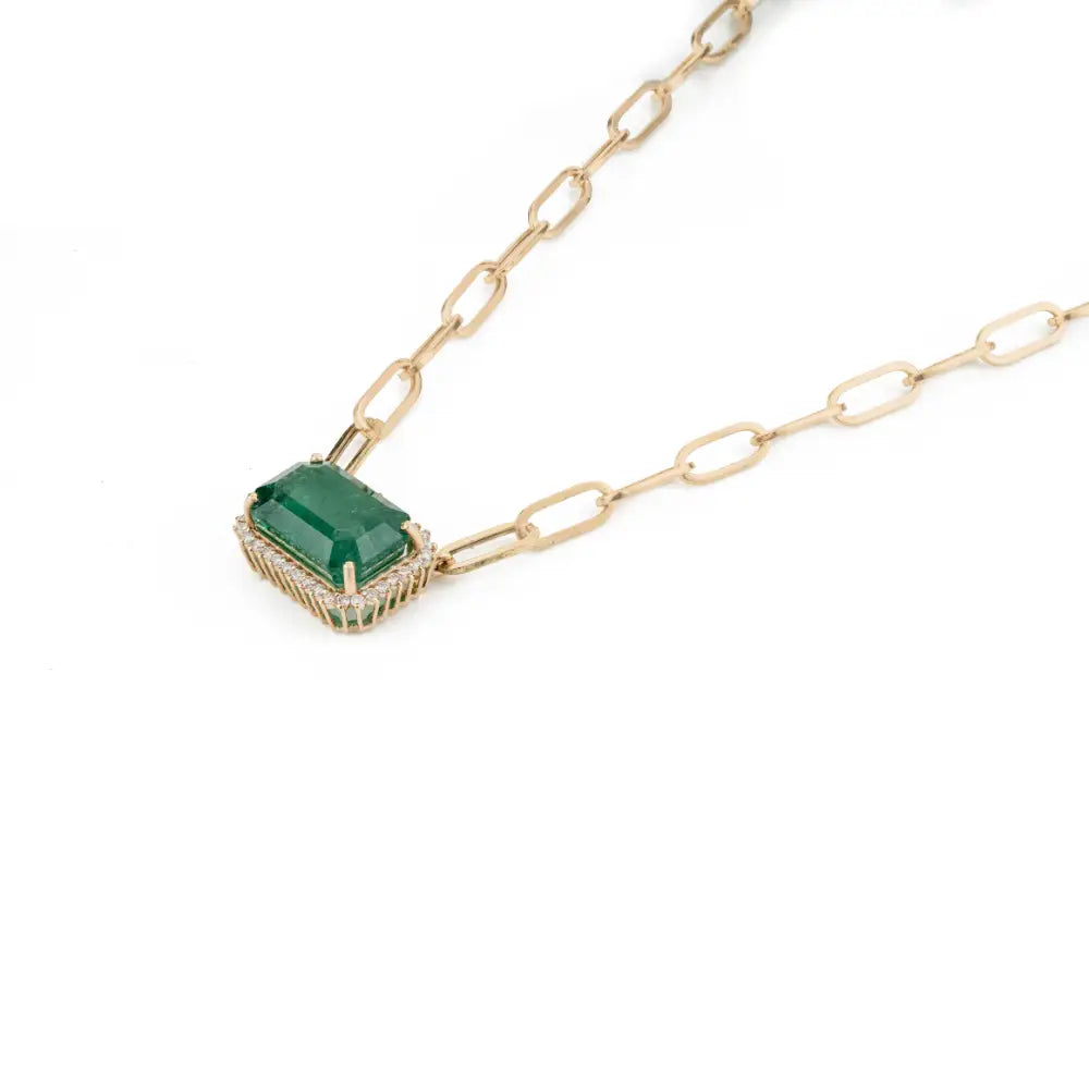 14K Real Yellow Gold Emerald & Diamond Paperclip Chain Cluster Pendant Necklace For Women