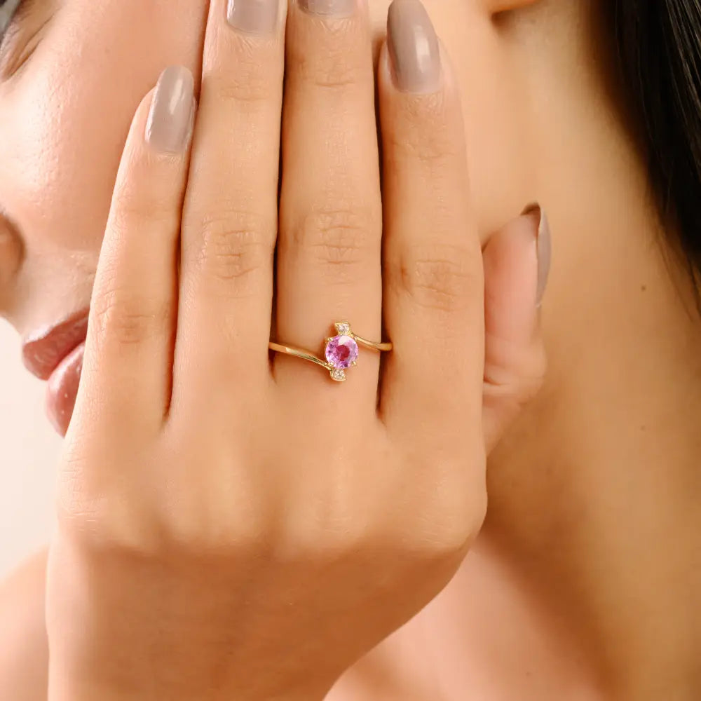 Round Cut Pink Sapphire & Diamond 14K Solid Yellow Gold Minimal Gemstone Ring For Women