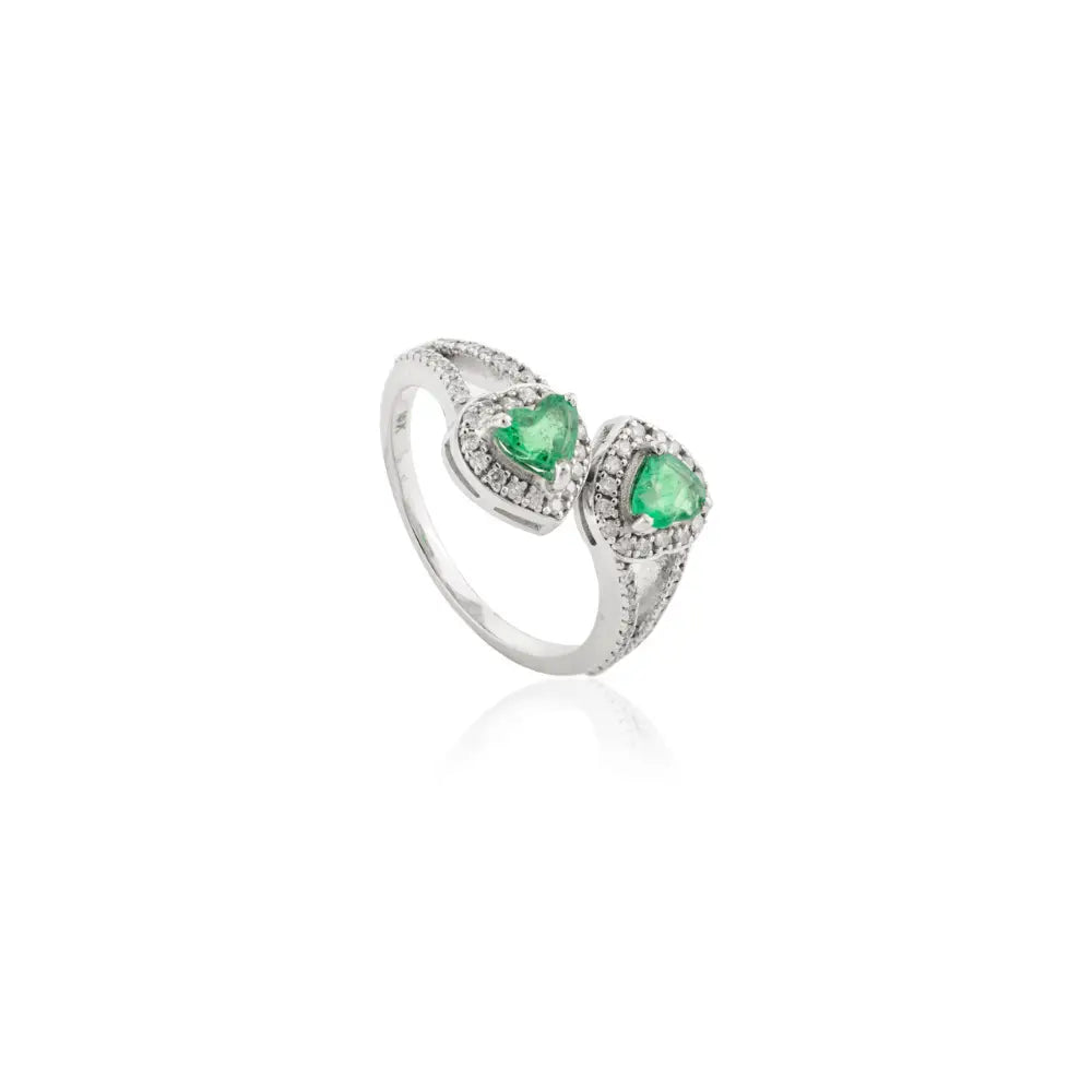 Heart Shape Emerald & Round Diamond Solid 18K White Gold Bypass Ring