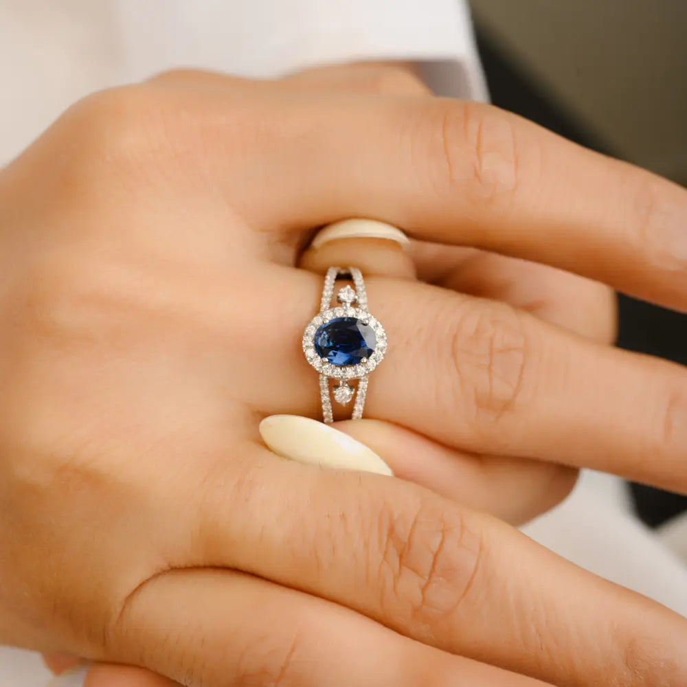 Best Selling Product Natural Blue Sapphire & Diamond 18K Solid White Gold Sparkling Ring