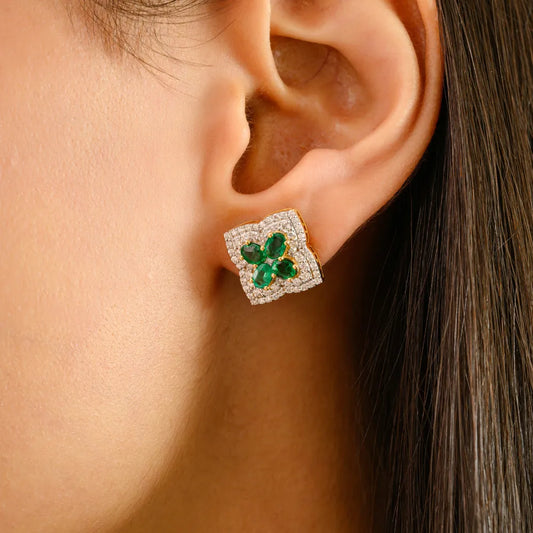 14K Yellow Gold Emerald & Diamond Four Leaf Clover Stud Earrings Wedding Women Jewelry