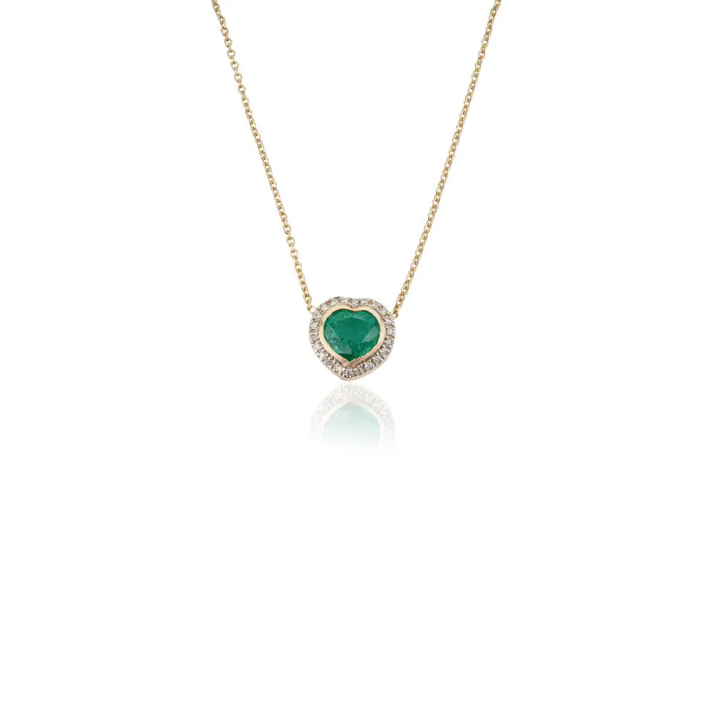 Handcrafted Design 14K Yellow Gold Emerald & Diamond Heart Shape Halo Pendant Necklace