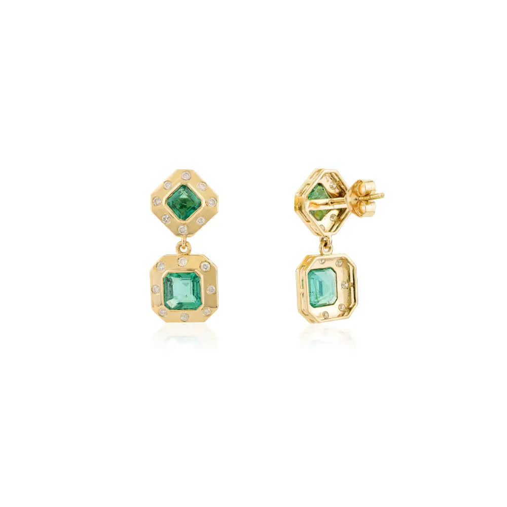 Luxury Jewelry K18 Yellow Gold Natural Emerald & Diamond Dangle Earrings