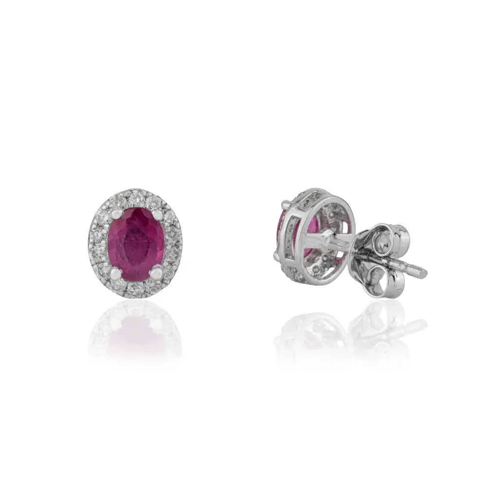 Oval Shape Ruby & Round Cut Diamond Real K18 White Gold Halo Stud Earrings Minimal Jewelry