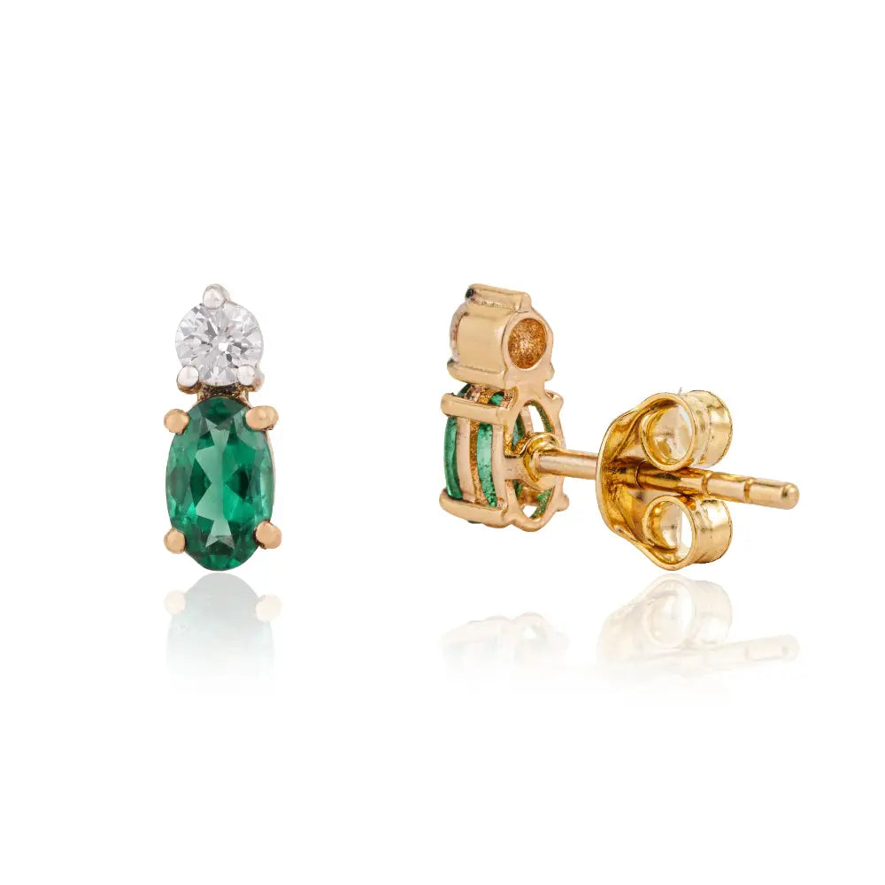 Minimalist Design Emerald & Diamond Small Stud Earrings 14K Yellow Gold Daily Wear Jewelry