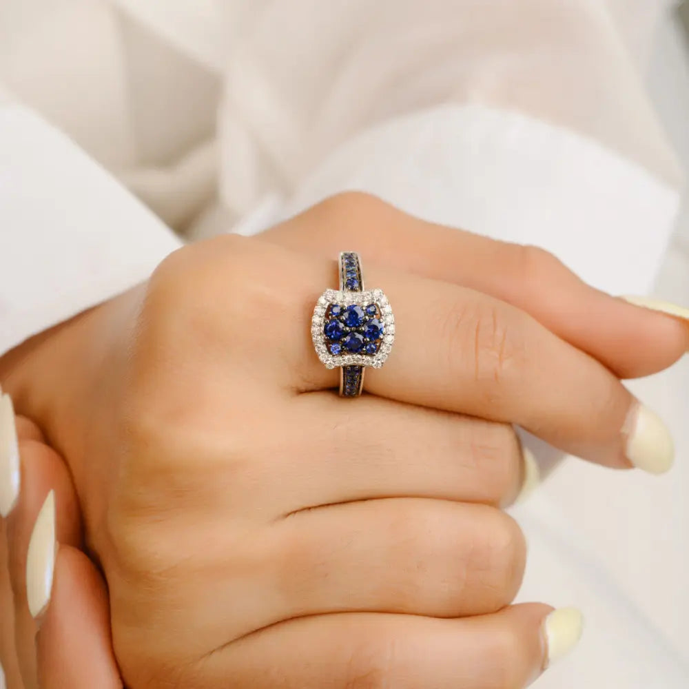 Best Selling Product Natural Blue Sapphire & Diamond 14K White Gold Ring