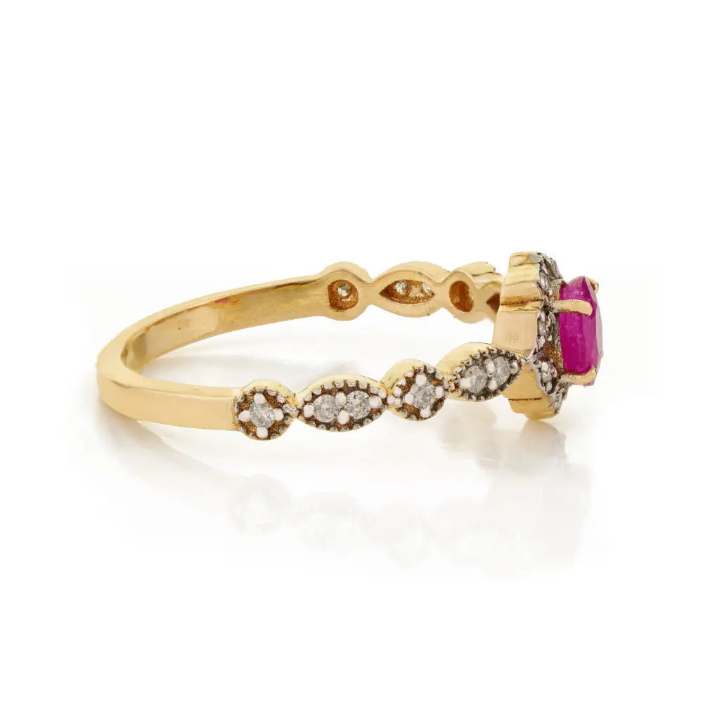 Elegant Simple Design Ruby & Diamond Fine 14K Yellow Gold Minimal Gemstone Ring For Women