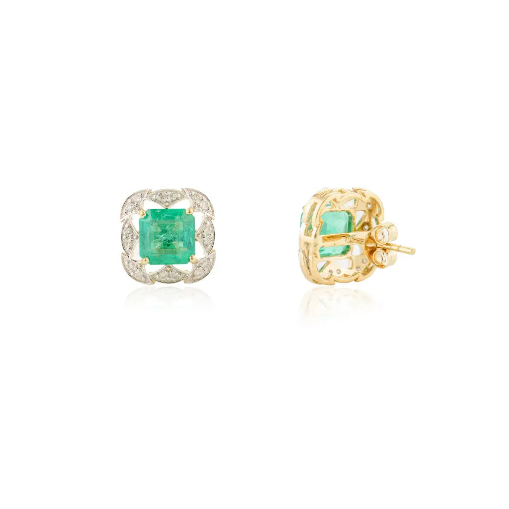 New Arrival Genuine Emerald & Diamond Solid K18 Yellow Gold Stud Earrings