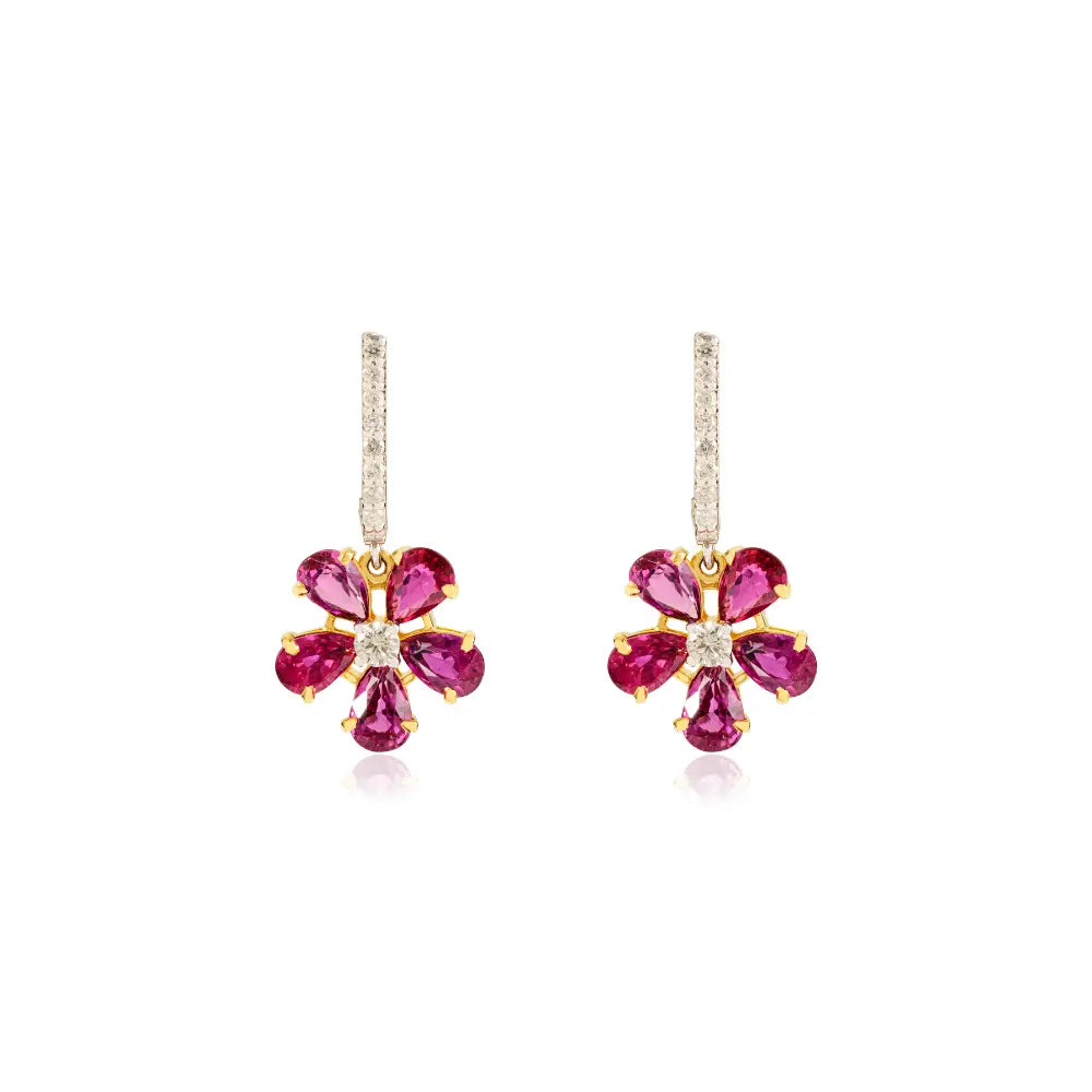 Real Ruby & Diamond Flower Design Drop Earrings 18K Solid Two Tone Gold Anniversary Gift