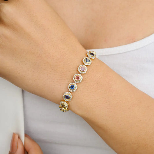 Hexagon Shape Multi Stone & Diamond 18K Yellow Gold Tennis Bracelet