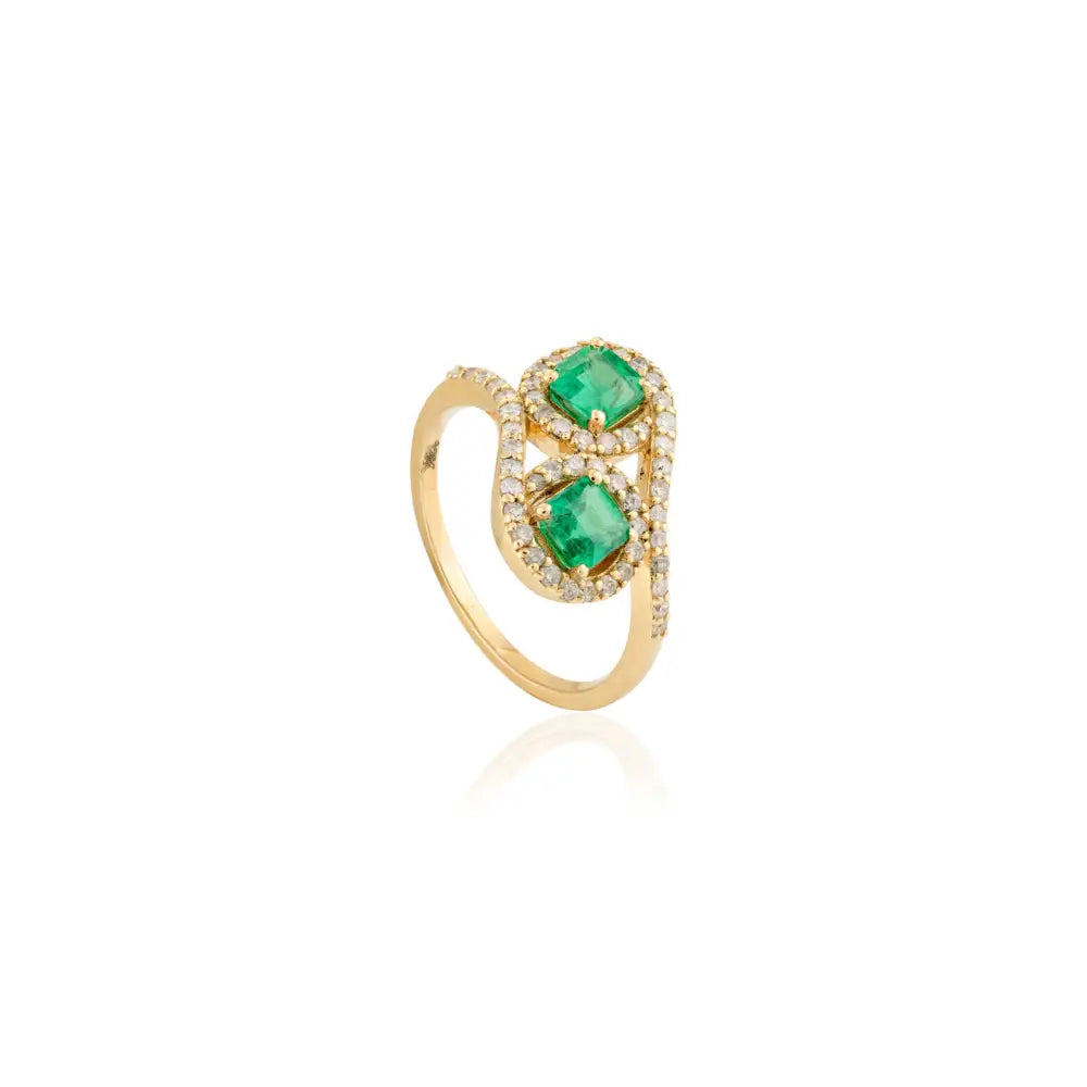 100% Natural Square Emerald & Diamond Solid K18 Yellow Gold Two Stone Ring