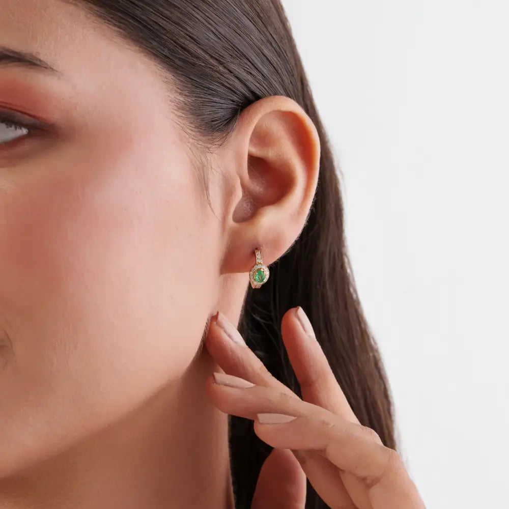Latest Dainty Design Emerald & Diamond 14K Yellow Gold Mini Hoop Earrings Daily Wear Jewelry