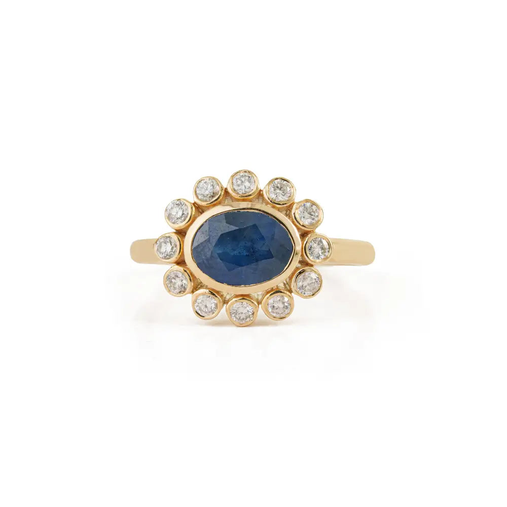 Floral Inspired Blue Sapphire & Diamond East West Cluster Ring Real K14 Yellow Gold Fine Jewelry