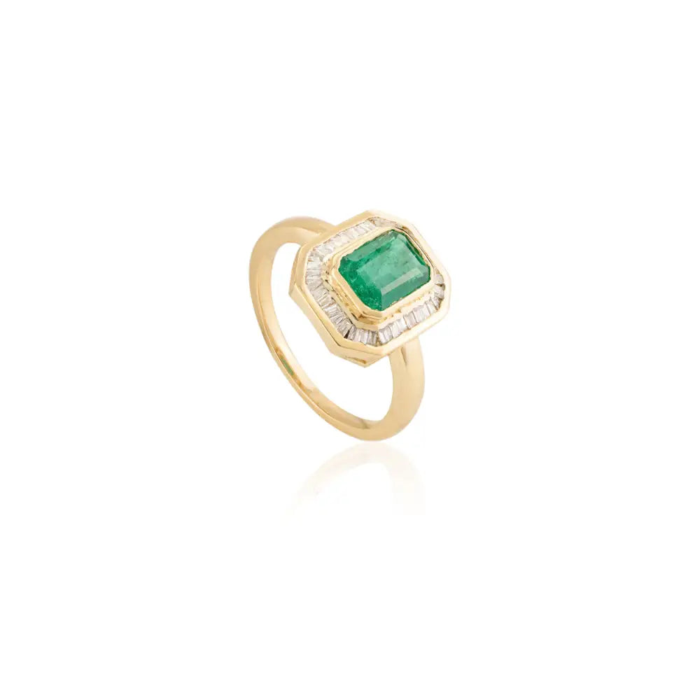 Octagon Shape Natural Emerald & Diamond 18K Yellow Gold Handmade Ring