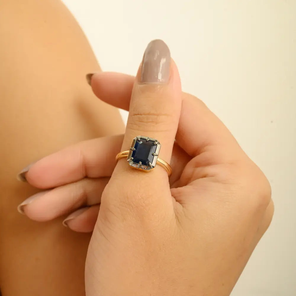 September Birthstone Blue Sapphire Black Rhodium Plated Solitaire Gemstone Ring 18K Gold