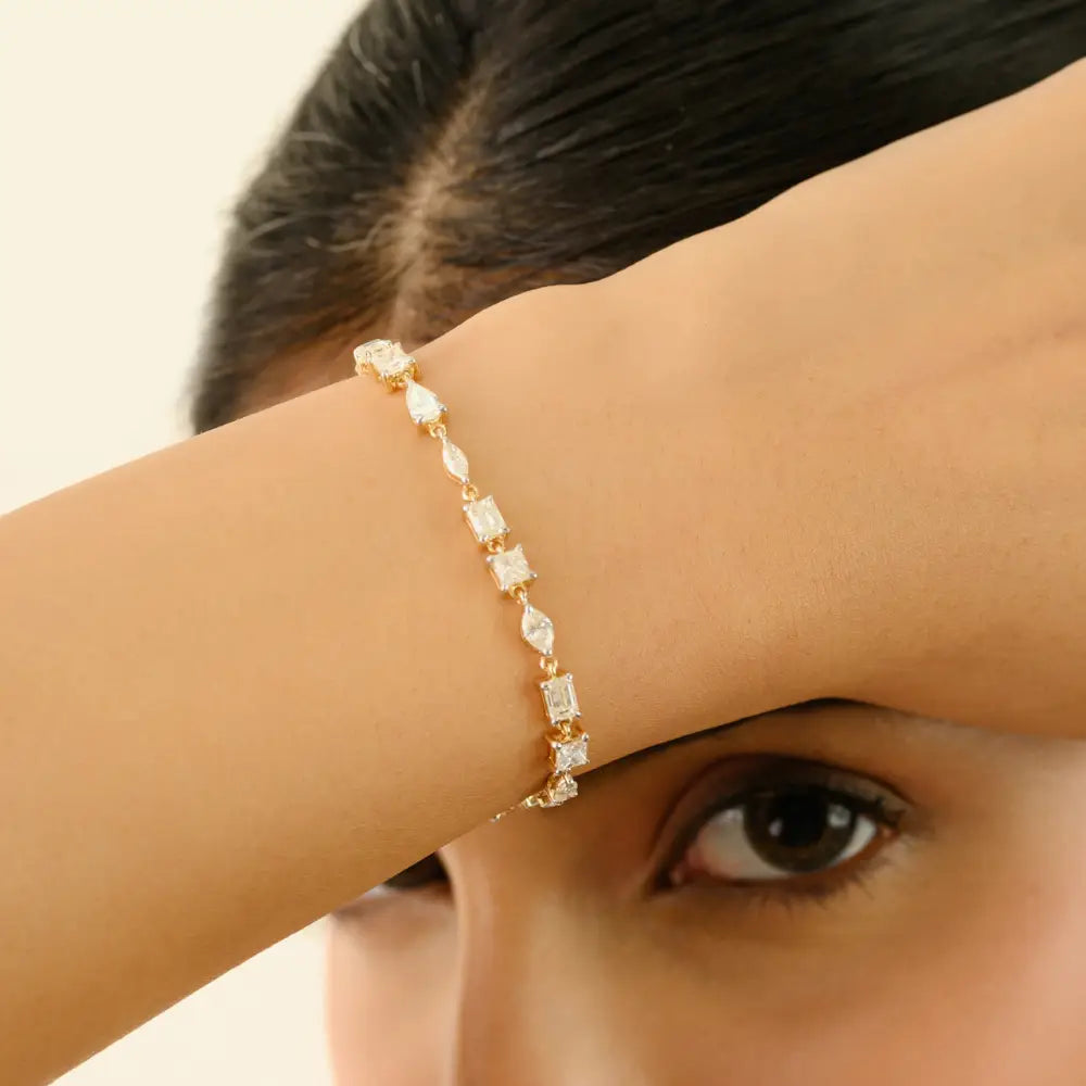 Mixed Shape Diamond 18K Solid Yellow Gold Prong Set Tennis Bracelet Designer Jewelry