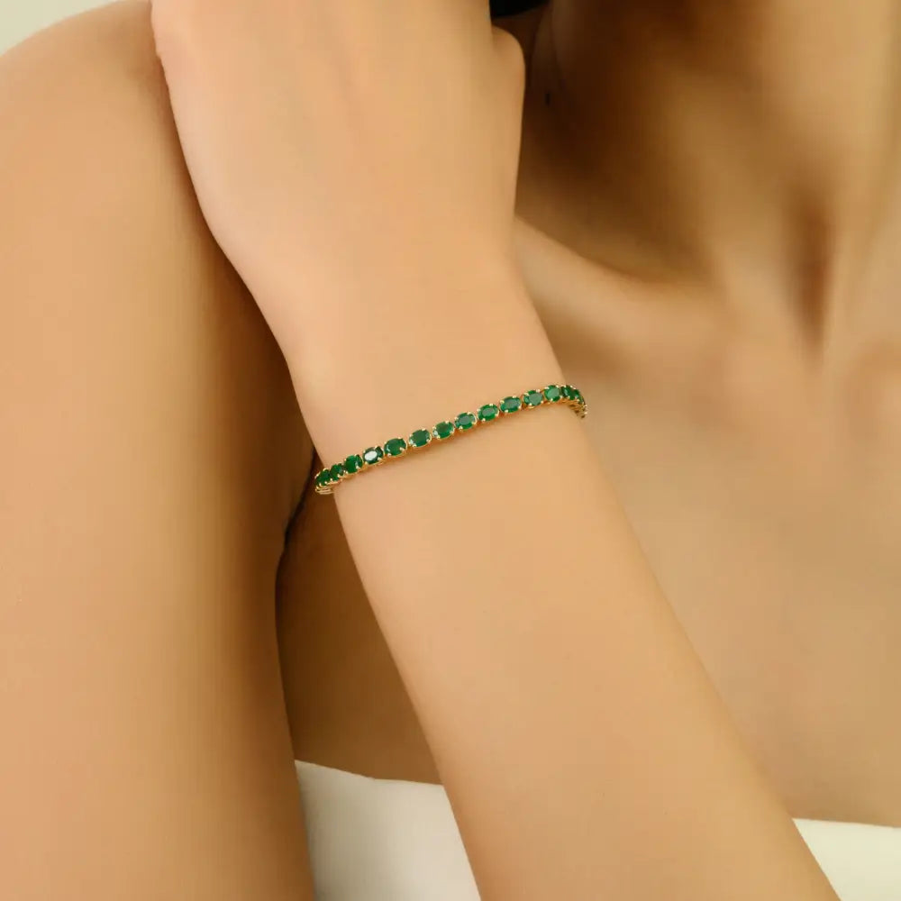 May Birthstone Emerald Handmade Tennis Bracelet For Unisex Simple 14K Solid Gold Jewelry