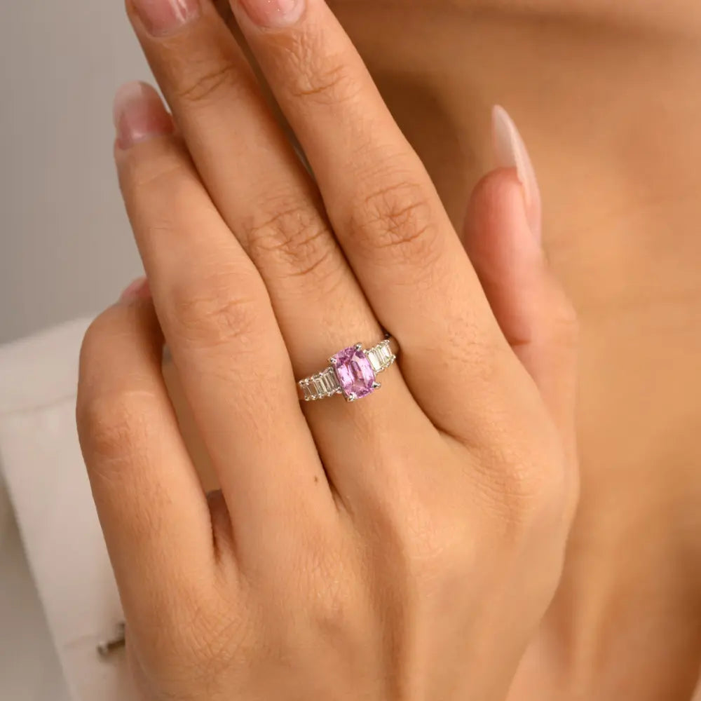 Latest Design Pink Sapphire & Diamond 14K Solid White Gold Engagement Ring