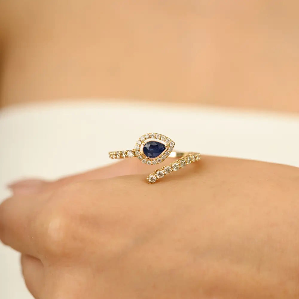 Pear Blue Sapphire & Round Diamond 14K Real Yellow Gold Open Statement Ring Luxury Jewelry