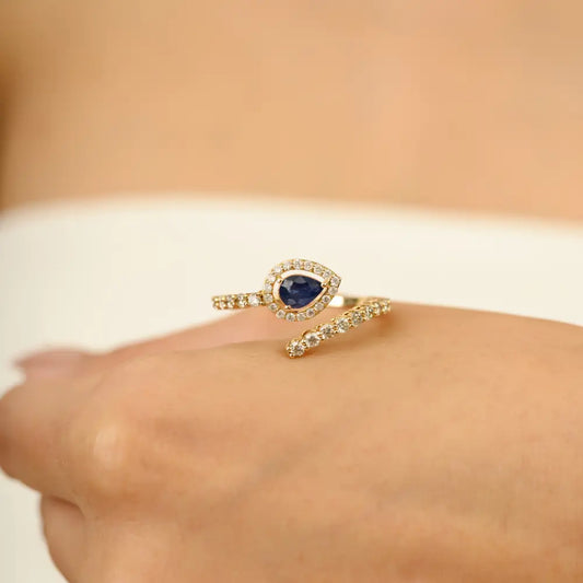 Pear Blue Sapphire & Round Diamond 14K Real Yellow Gold Open Statement Ring Luxury Jewelry