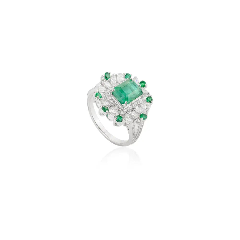 Bulk Jewelry 18K Solid White Gold Real Emerald & Diamond Unique Ring