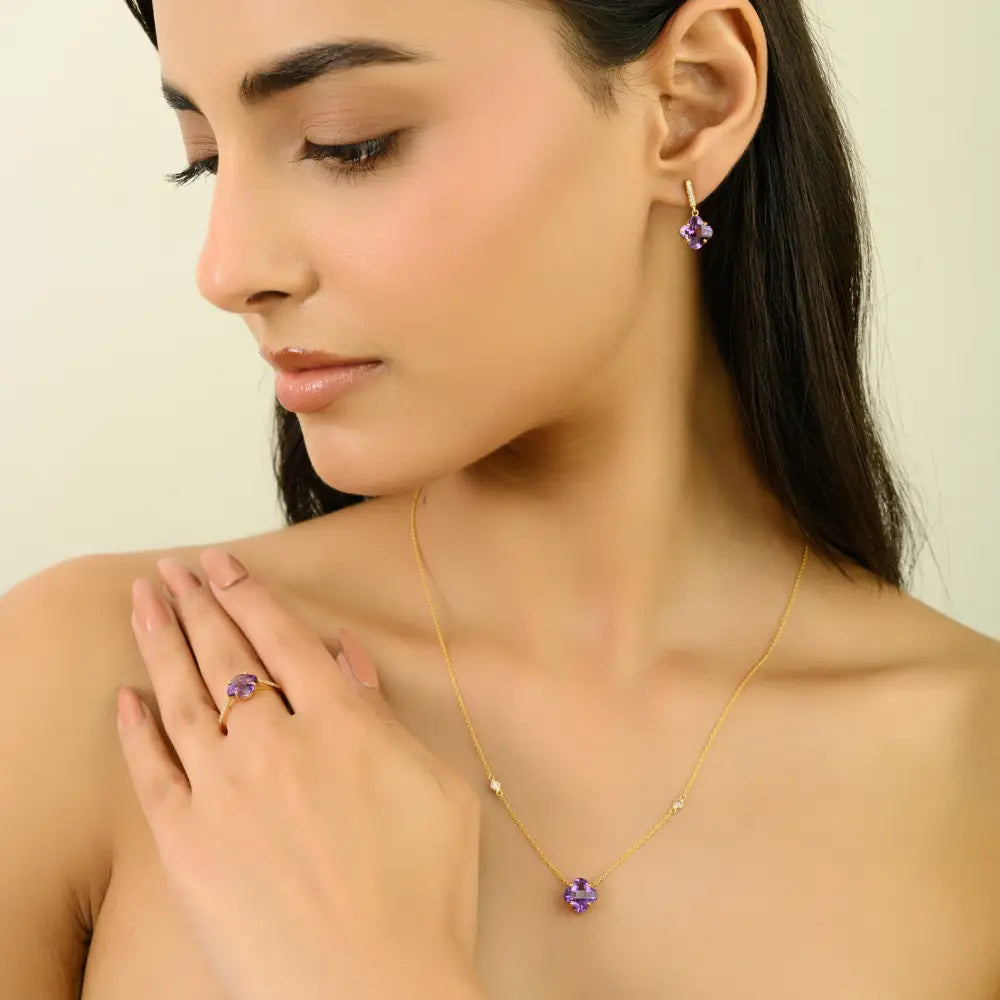 Amethyst & Diamond Four Leaf Clover Shape Drop Earrings K14 Yellow Gold Daily Wear Jewelry