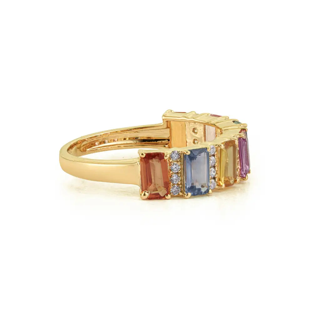Trending Multi Sapphire & Diamond K14 Yellow Gold Half Eternity Band Ring Custom Jewelry