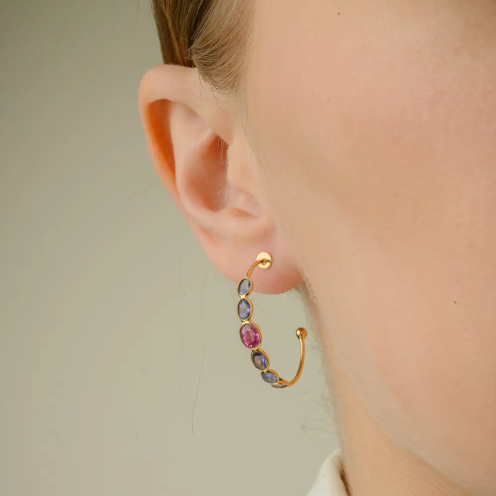 Custom Jewelry Natural Multi Sapphire 14K Solid Yellow Gold C Shape Hoop Earring