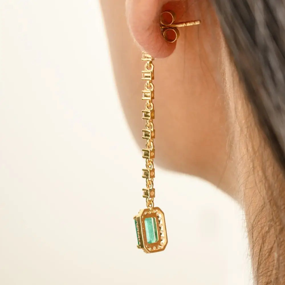 Long Solid K18 Yellow Gold Emerald & Diamond Dangle & Drop Earrings