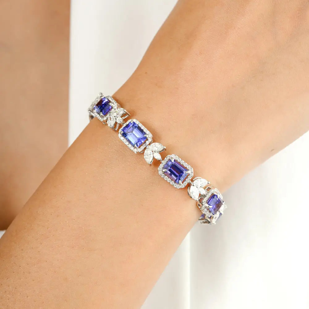 Tanzanite & Diamond Tennis Bracelet Real K18 White Gold Designer Engagement Jewelry