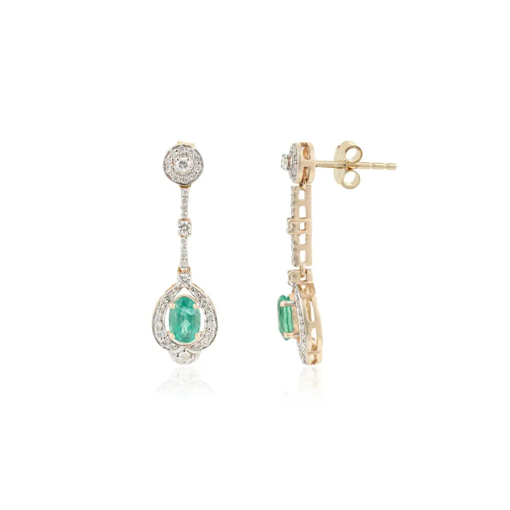 14K Solid Yellow Gold Emerald & Diamond Water Drop Shape Dangle Earrings For Women Jewelry