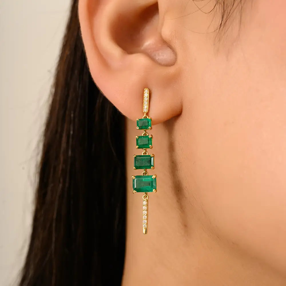 K14 Gold Graduated Set Gemstone Emerald & Diamond Women Handmade Dangle Earrings