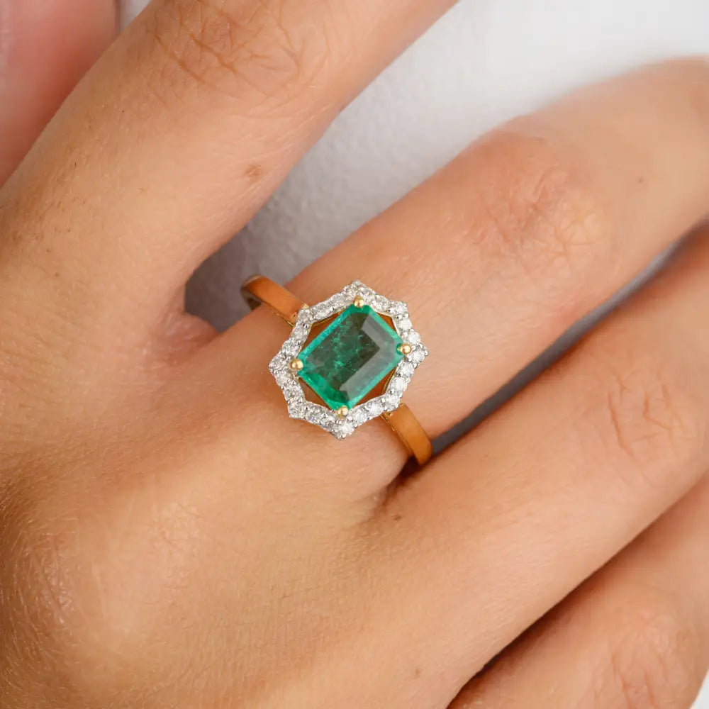 Latest Design Natural Octagon Emerald & Diamond K18 Solid Yellow Gold Statement Rings