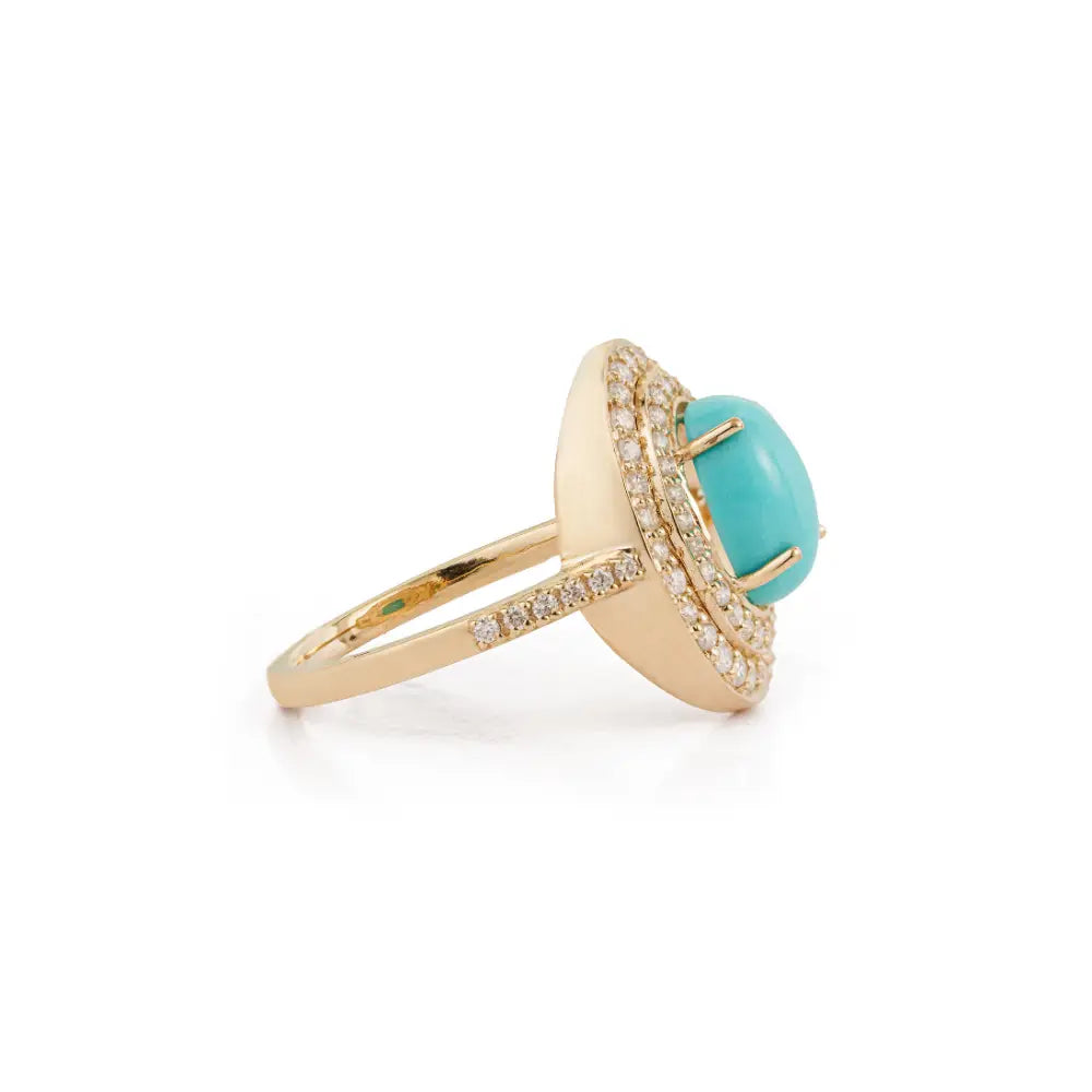 December Birthstone Turquoise & Diamond Double Cluster Ring For Wedding 14K Yellow Gold