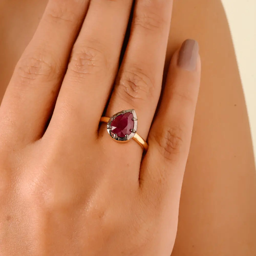 Best New Design 8x7 mm Pear Ruby Single Stone Engagement Ring 18K Yellow Gold Women Gift
