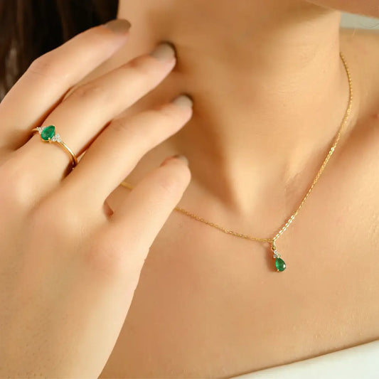 Elegant Minimal 18K Yellow Gold Emerald & Diamond Rings Earrings & Pendant 3 Pcs Jewelry Set