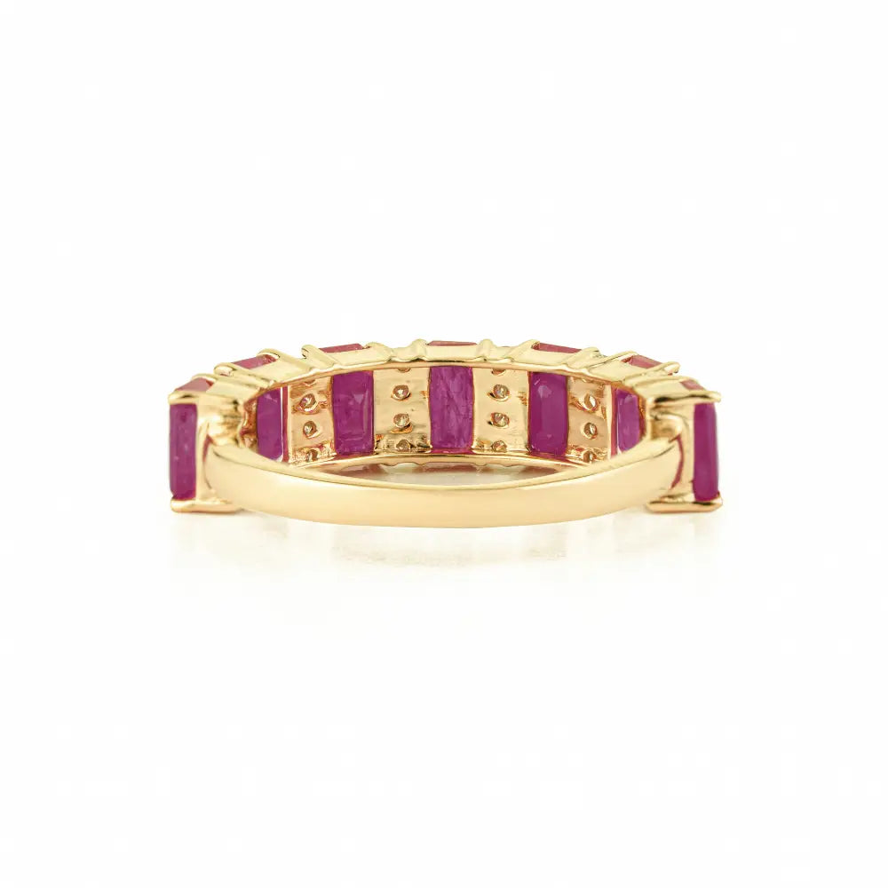 5x3mm Octagon Cut Ruby & Diamond Half Eternity Band Engagement Ring K14 Yellow Gold