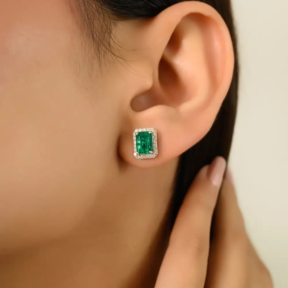 Push Back Stud Earrings In Natural Emerald & Diamond 14K Solid Yellow Gold Everyday Jewelry