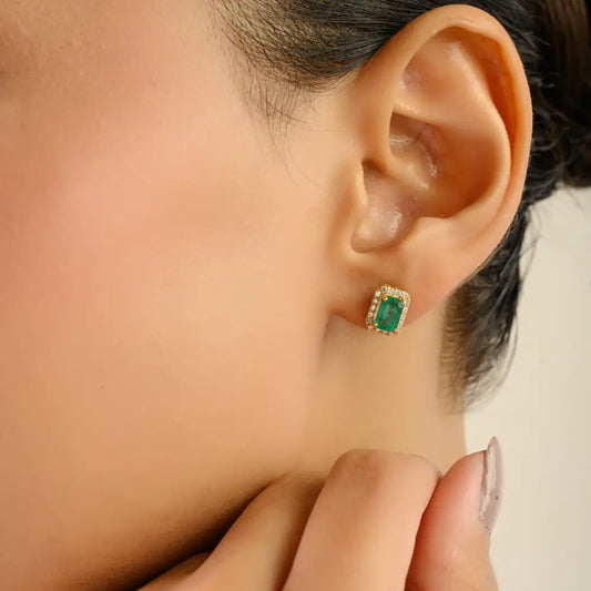Octagon Shape Emerald & Round Shape Diamond Push Back Cluster Stud Earrings 18K Gold