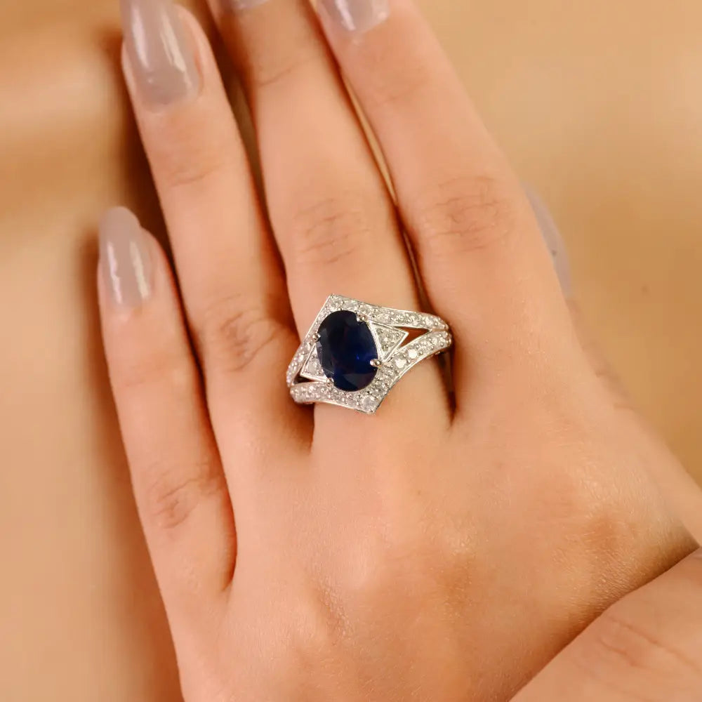 Vintage Inspired Blue Sapphire & Diamond 14K Solid White Gold Statement Ring For Wedding