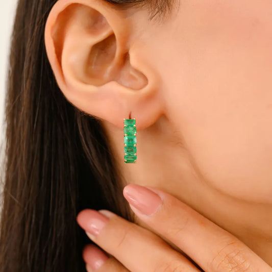 Zambian Emerald Octagon Cut Women's Hoop Earrings Real K14 Yellow Gold Handmade Jewelry