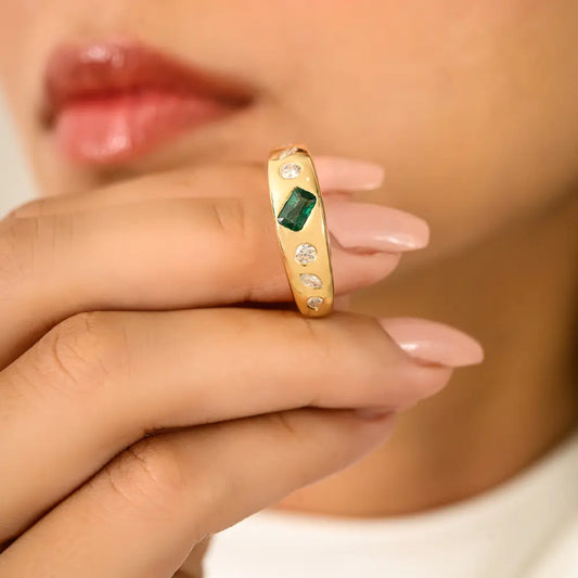Unique Zambian Emerald & Diamond 18K Solid Yellow Gold Chunky Dome Ring Trendy Jewelry