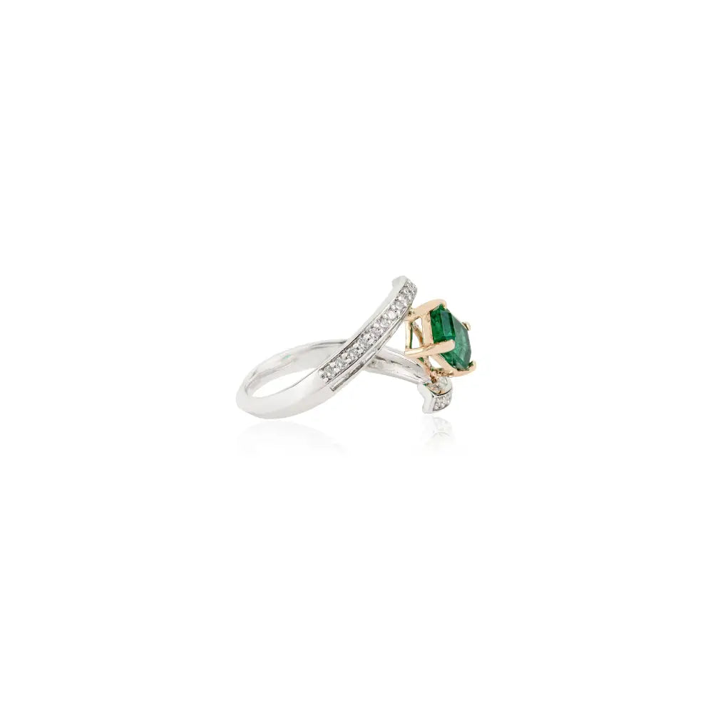 18K Solid Two Tone Gold Zambian Emerald & Diamond Statement Ring Handmade Jewelry