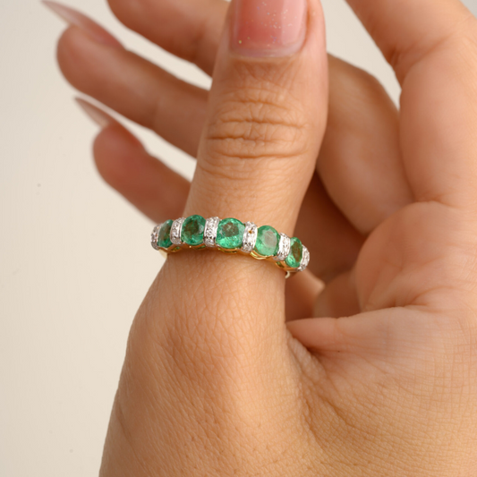 K14 Yellow Gold Natural Emerald & Diamond Band Ring Wholesale Jewelry