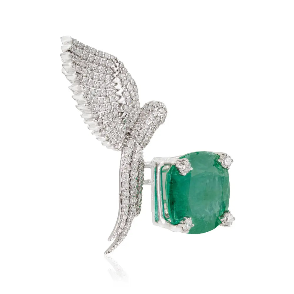 Nature Inspired Zambian Emerald & Diamond 14K White Gold Flying Bird Brooch For Wedding