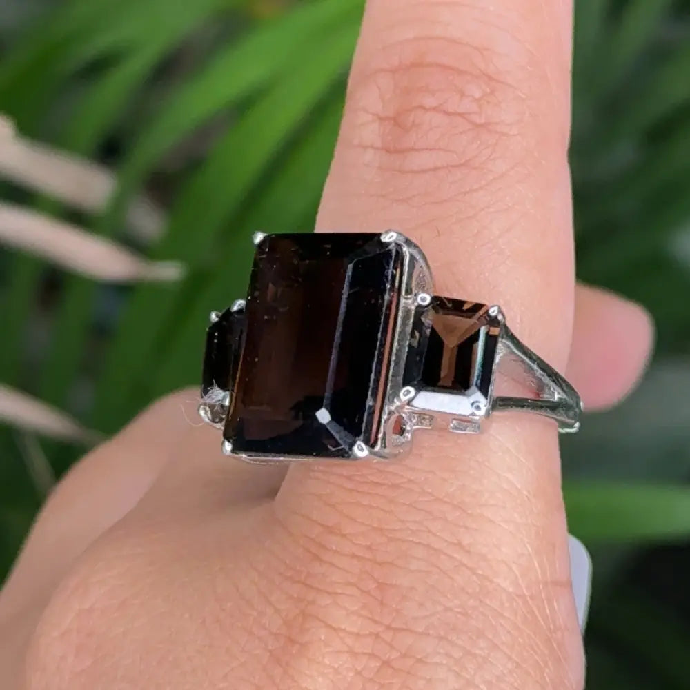 Customized Gemstone Jewelry 925 Sterling Silver Smoky Quartz Three Stone Ring Prong Setting