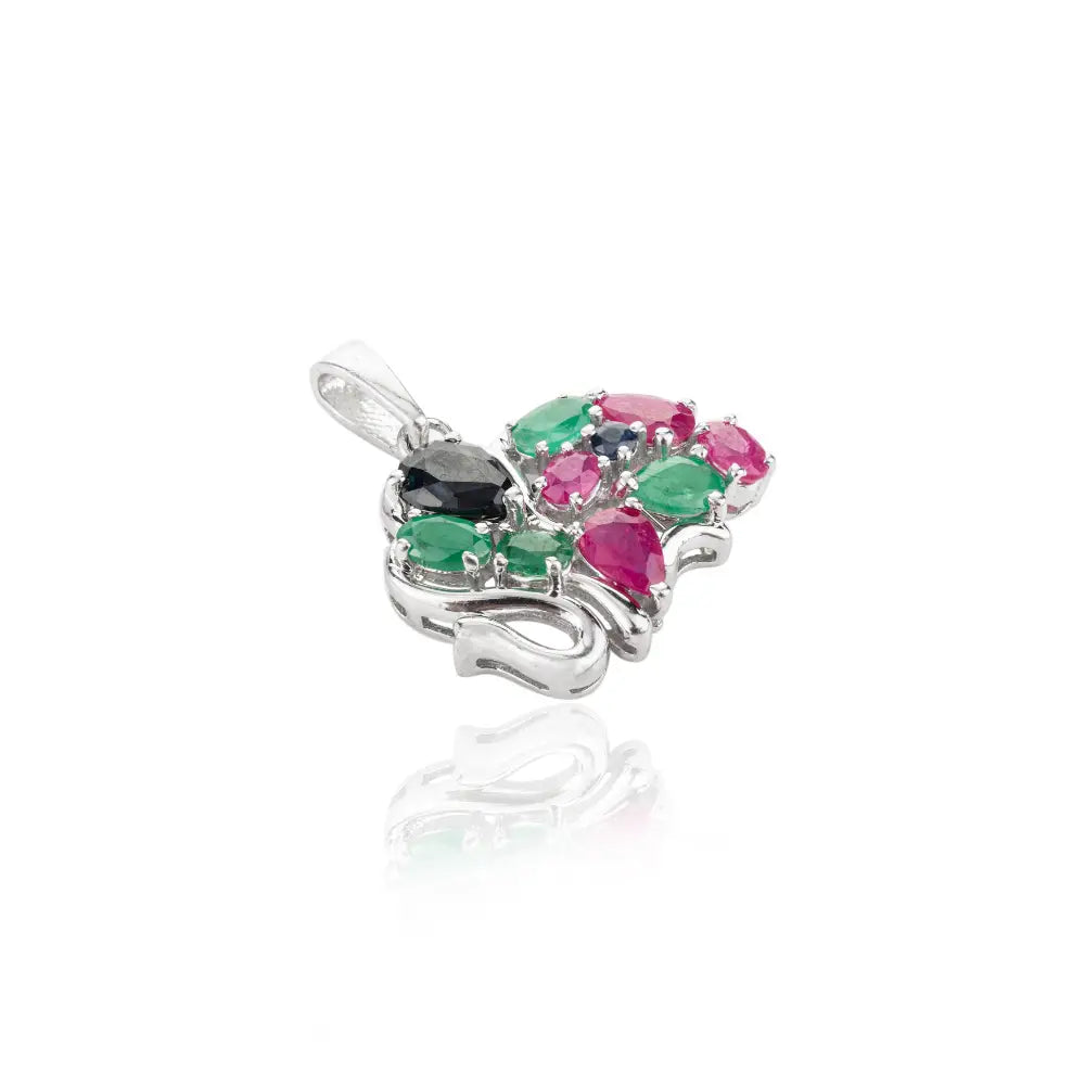 Precious Gemstone Jewelry Emerald Ruby & Sapphire Elephant Shape Pendant Set In 925 Sterling Silver