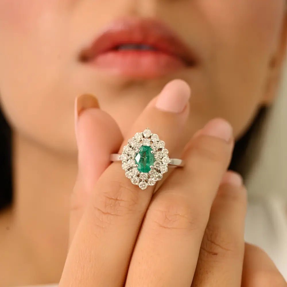 18K Solid White Gold Vintage Style Emerald & Diamond Double Cluster Ring Engagement Jewelry