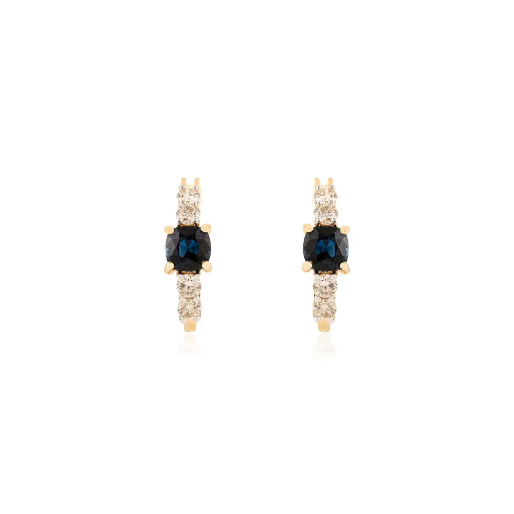 K14 Yellow Gold Cushion Shape Blue Sapphire & Diamond Hoop Earrings Women Gift Jewelry